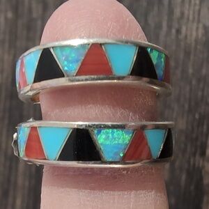 Artisan Multicolor Inlay Hoop Earrings with Turquoise, Red, Black & Opal